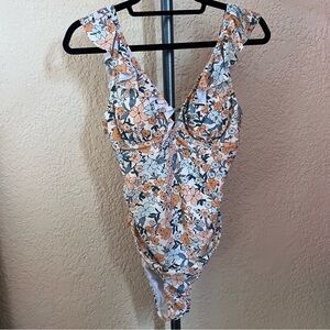 Cupshe Floral Ruffle One Piece Swimsuit - Orange and Blue